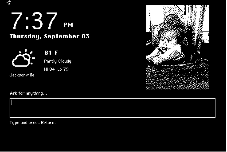 The HandWare 68k home screen on a Macintosh SE: clock, weather, a dithered photo, and an Ask for anything field